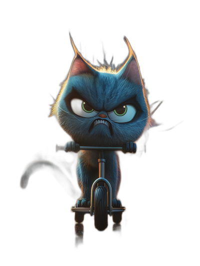 grumpy cat on bike, angry face, cute cartoon style, in the style of Pixar render, dark background, high resolution, high details, full body shot