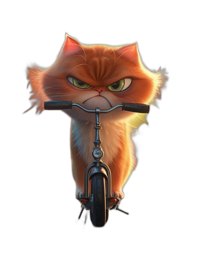 grumpy orange cat riding on a bike, in the style of Pixar, cartoon character, cute and funny, black background, high resolution, hyper realistic