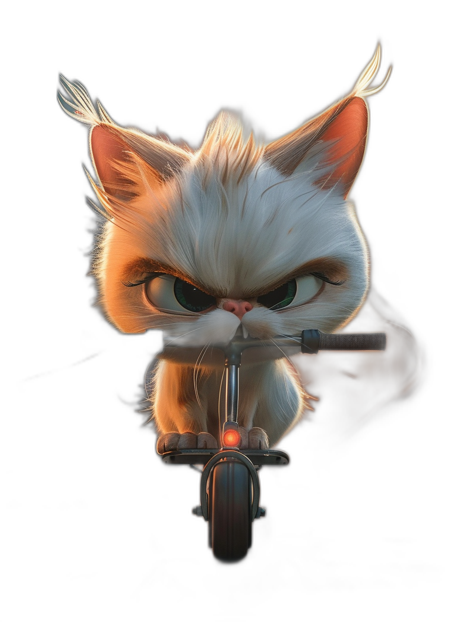 Grumpy cat on a scooter in the style of Pixar and Disney, cartoon style isolated in a black background, concept art, cinematic lighting, high resolution rendering, hyper detailed, high details, octane render, artstation trending, art station trend illustration