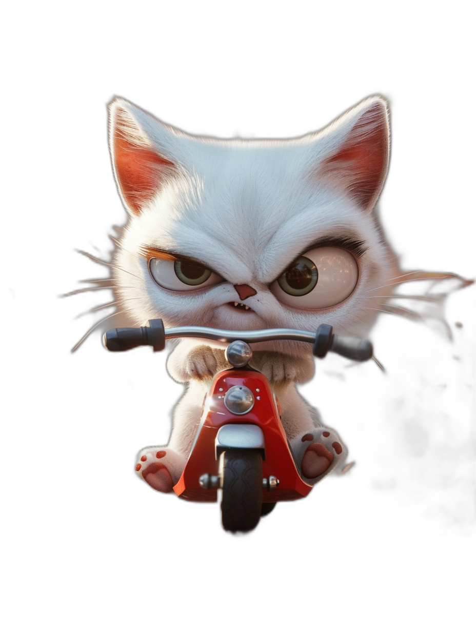 Cute Pixar style white kitten riding a red motorcycle against a black background with an angry expression, big eyes, and cartoon character design. High definition wallpaper featuring a 3D rendered full body shot of the kitten from the front in the style of a cute pet portrait.