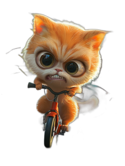 Cute fluffy grumpy orange cat riding a bicycle, with big eyes, in the style of Pixar, on a black background, with very detailed artwork.