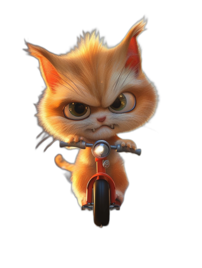 Cute Pixar style orange cat riding on a motorcycle, with big eyes, on a black background, in the style of a cartoon character design, a cute pet illustration, showing the full body, a high definition wallpaper, with 3D rendering, the cat is cute and adorable.