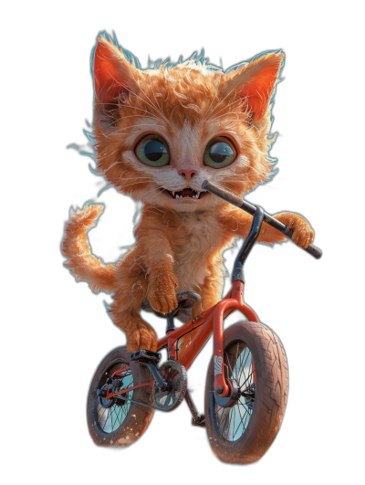 3D render of a cute ginger cat riding on a bike, black background, in the style of Disney with a character design, big eyes, sharp teeth