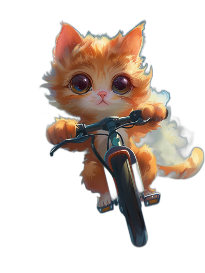 Cute orange cat riding bike, big eyes, black background, cartoon style, fantasy world, full body shot, high resolution, high detail, concept art in the style of rossdraws, smooth skin