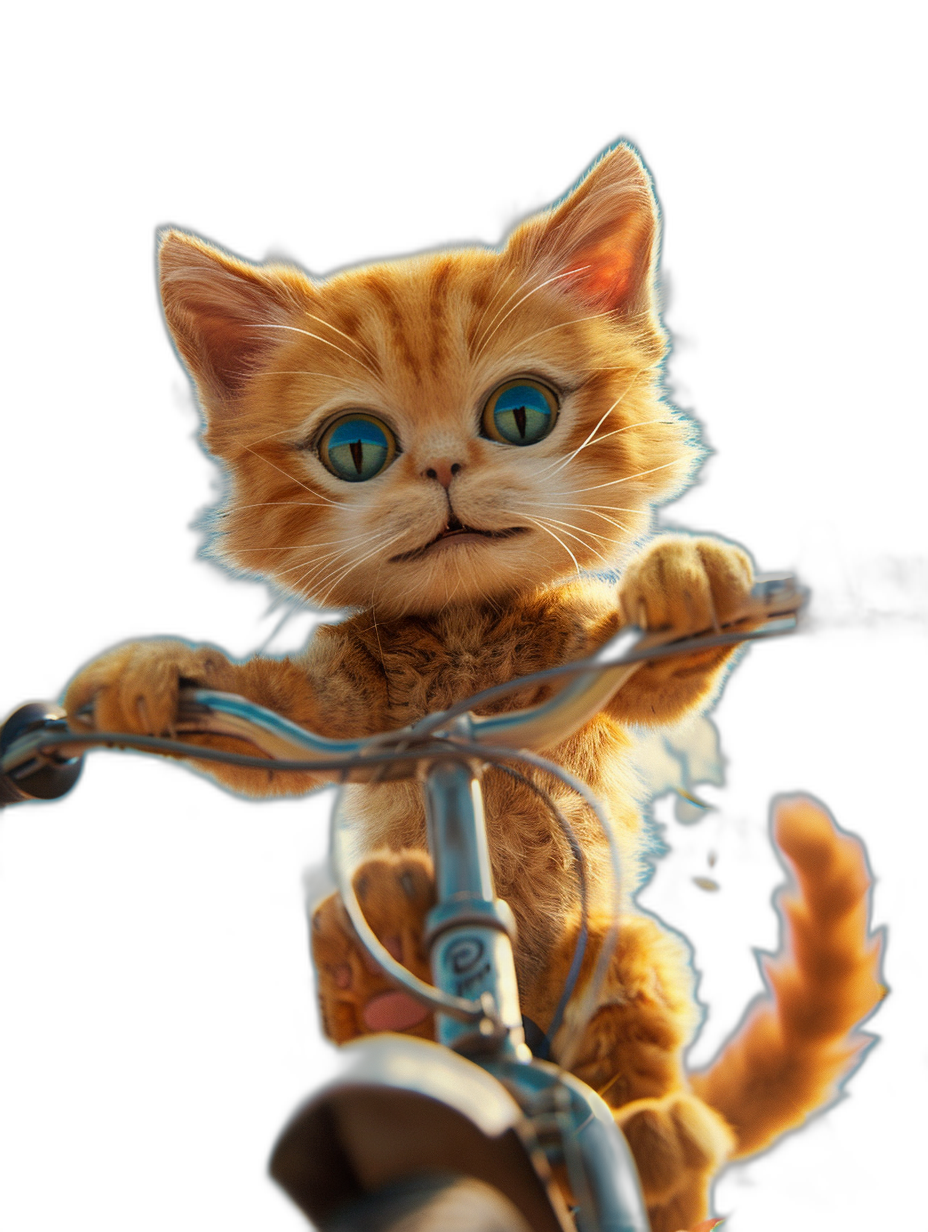 A cute orange cat riding on the front of a bicycle, with blue eyes against a black background, in the style of Pixar, in a cartoon and cinematic shot, with high resolution photography in a hyper-realistic style.