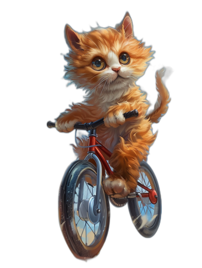 A cute ginger cat riding on the front wheel of a bicycle in the style of cartoon, digital art with a black background in a hyper realistic, fantasy style.