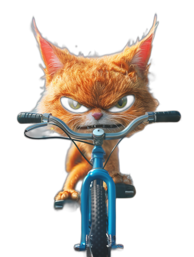 front view of an angry ginger cat riding on the handlebar of a blue bicycle, isolated against a black background, in the style of Pixar.