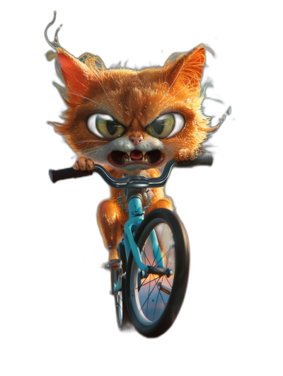 3D render of an angry cat riding on a bicycle, in the style of cartoon, cute character design, isolated on a black background, front view, high resolution, octane rendering, in the style of Pixar art