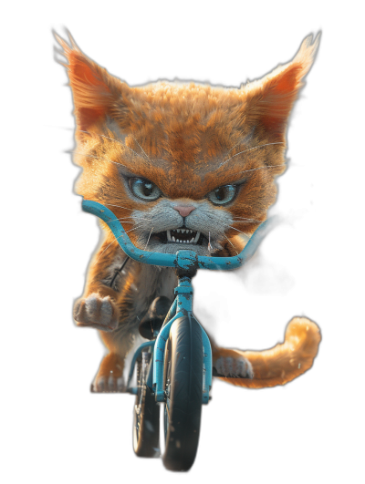 3D render of an angry ginger cat riding on a blue bike against a black background, in the style of unreal engine.