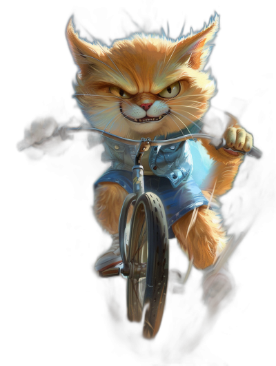 An cartoonish, orange cat with yellow eyes and an angry expression riding on the front of a bicycle wearing blue jean shorts against a black background, hyper realistic game item artwork in the style of Pixar studio.