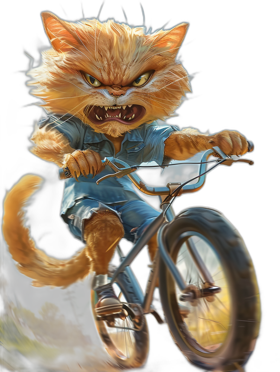 realistic digital illustration of an angry cat riding on the back off bicycle, wearing blue shirt and jeans with big teeth, isolated in black background, full body portrait,