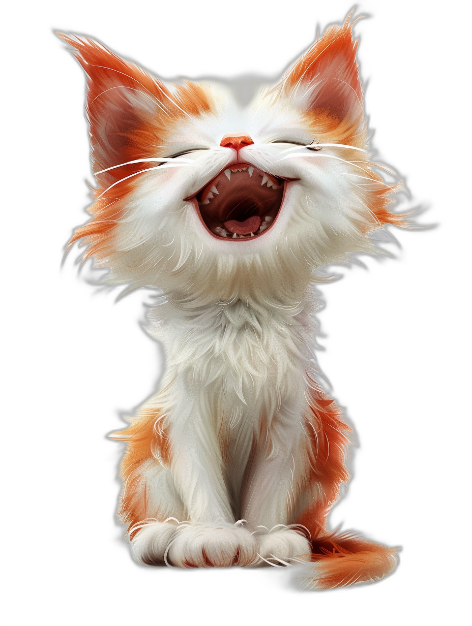 smiling cute kitten with open mouth, white and orange fur, black background, digital art in the style of Disney Pixar studio, adorable playful pose, high resolution