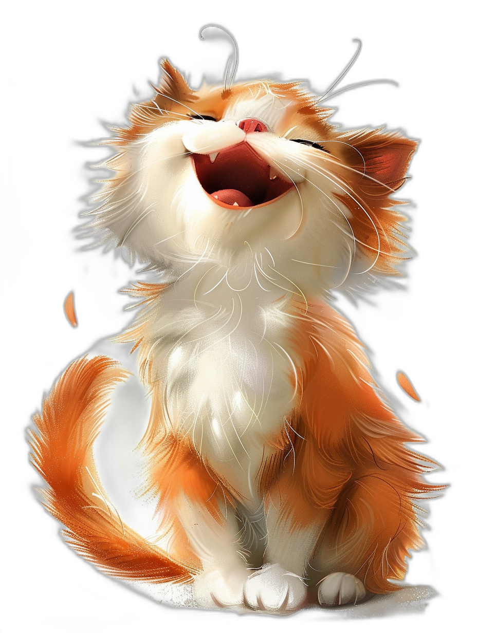 smiling fluffy orange and white cat, cute cartoon character design, black background, concept art in the style of Pixar, cgsociety, adorable digital painting in the style of anime.