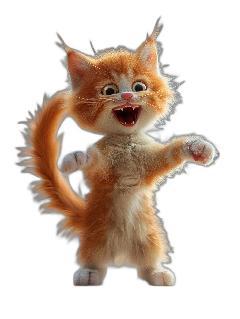 3D render of a happy, smiling fluffy cat with its mouth open, dancing on a black background, in the style of Disney character design, in the Pixar style, cute and adorable, highly detailed