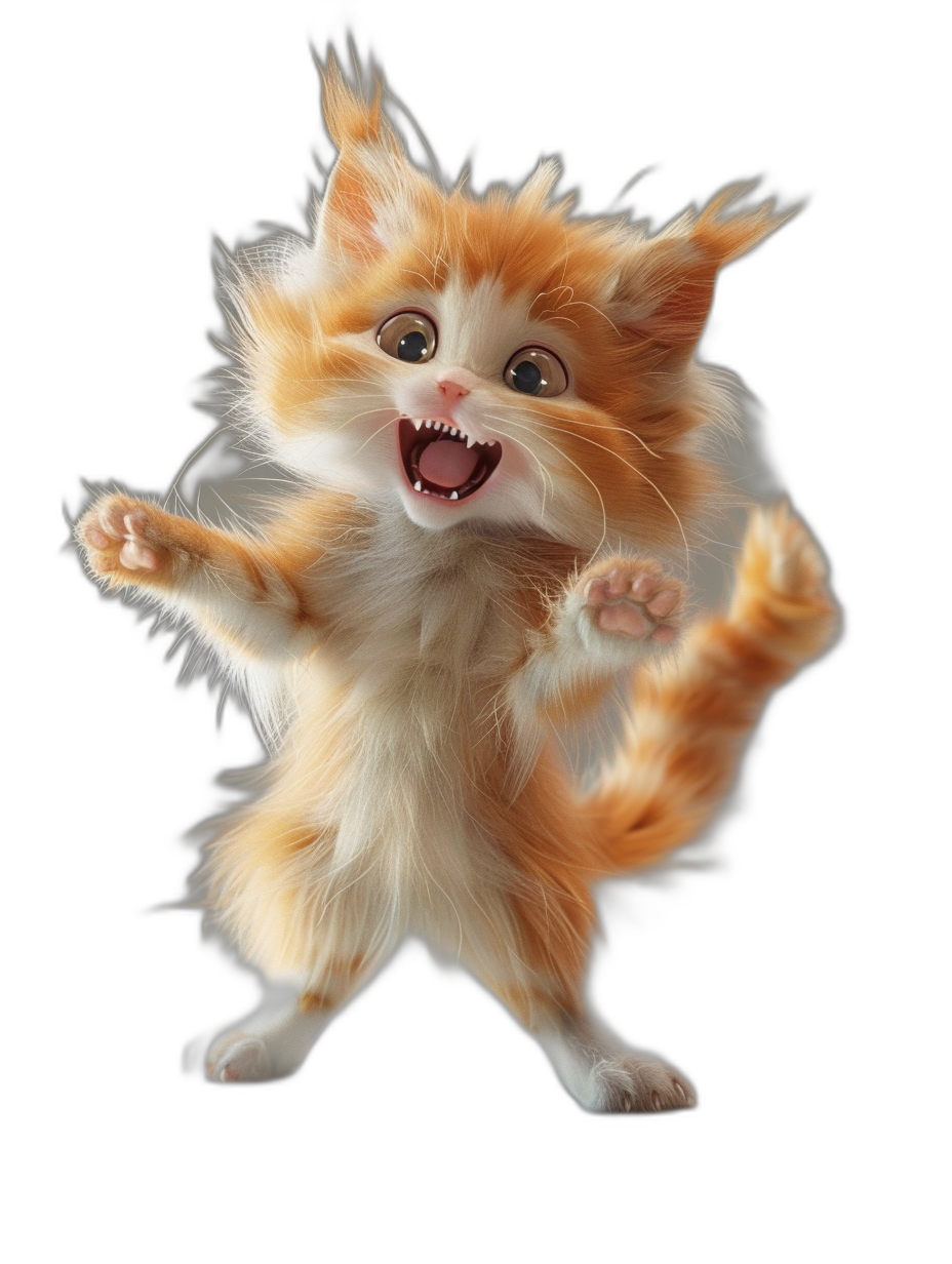 A cute orange and white kitten, with fluffy hair, jumping up with an excited expression on its face, against a black background, in the style of Pixar, with high definition photography and octane rendering.