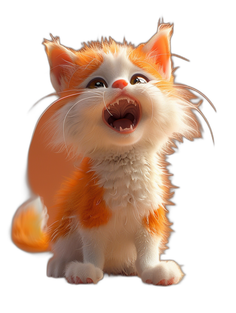 Cute orange and white kitten laughing in the style of Pixar, black background, high definition, octane rendering, high resolution, animated character design in the style of Disney animation, full body, white belly with small pink spots on the chest, fluffy hair, cute expression, mouth open wide showing teeth, happy mood, soft lighting, playful atmosphere.