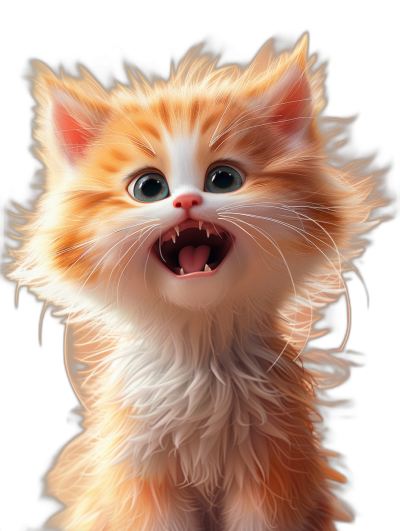 A cute orange and white kitten with a happy expression, big eyes, and mouth open wide showing teeth. It has fluffy hair against a black background. The digital art is in the style of octane rendering with high definition details.