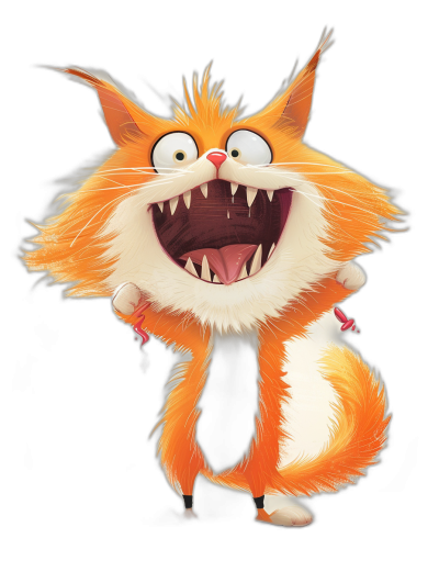 Illustration of an orange and white cat with big teeth laughing, white tail on a black background, in the style of Disney, full body cartoon character, funny, cute pose, high resolution, very detailed, in the style of Pixar Studio, 2D art in the style of Pixar.