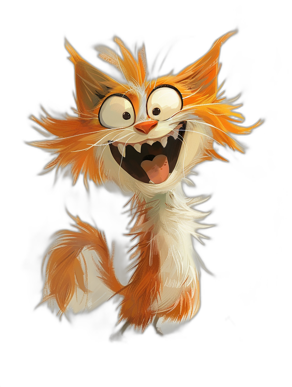 illustration of a funny crazy cat, with orange and white fur, big eyes, smiling, in a full body pose, on a black background, in the Disney style of a cartoon character, concept art in the style of Pixar studio