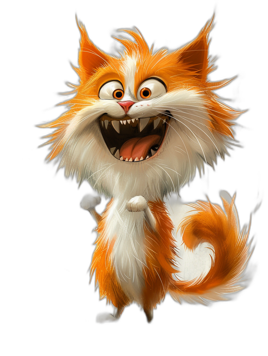 A cute orange and white cat, with long hair in the wind smiling with a big mouth open showing teeth, in the style of Disney cartoon character design, as a full body, on a black background, at a high resolution.