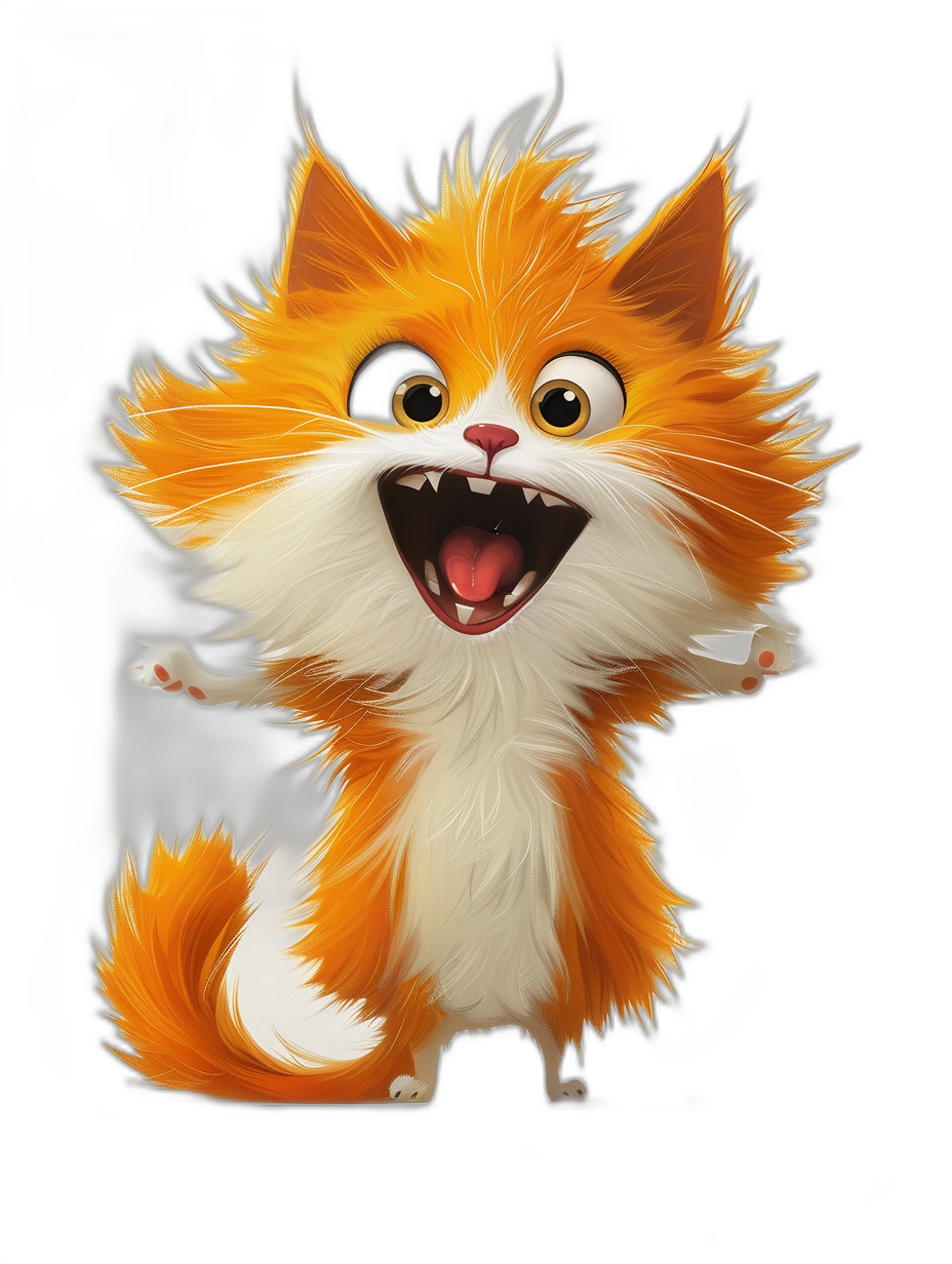 Cute orange and white cat, in the style of Pixar, in the style of Disney, black background, happy expression, cute fur, fluffy hair, exaggerated movements, bright colors, high saturation, white teeth, pink tongue, in