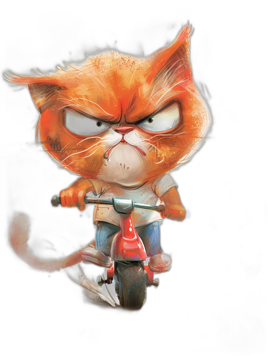 grumpy orange cat on scooter, angry face, cartoon style, digital art by Pixar and Disney , isolated in black background