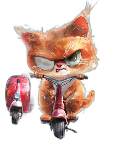 grumpy cat on red scooter, chibi style character design, cartoon illustration, cute, black background, watercolor, detailed drawing, in the style of hyper realistic, full body portrait