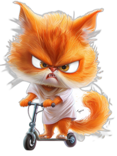 grumpy orange cat with black eyes wearing a white t-shirt riding a scooter, in the style of [Tiago Hoisel](https://goo.gl/search?artist%20Tiago%20Hoisel) and in a caricature style, full body portrait, exaggerated facial features, high resolution, hyper-realistic, cute, adorable, dark background, funny, cartoonish, playful mood, vibrant colors.