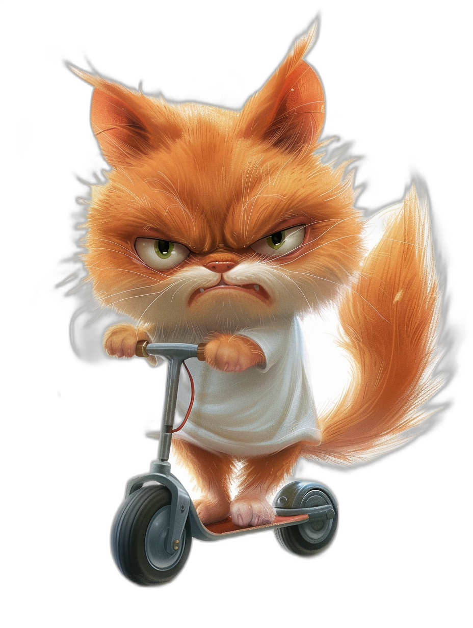 grumpy orange cat in a white t-shirt riding a scooter, in a funny cartoon style, on a black background, cute, vector art, in the style of Pixar animation, high resolution, with high details, high quality, high sharpness, high definition, high contrast, high color saturation, 2d game character design