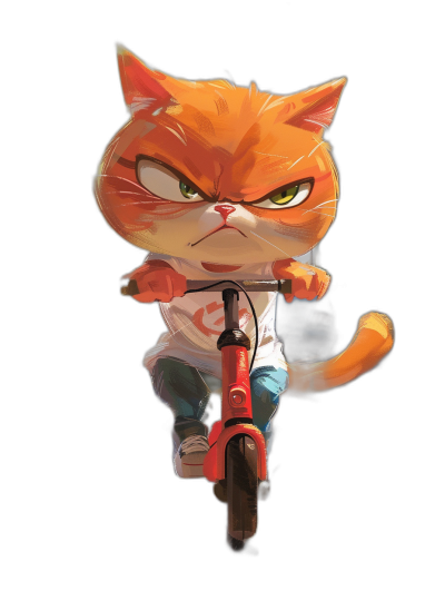 orange cat character with white t-shirt and jeans riding a red bike, angry facial expression, simple digital art in the style of [Kawacy](https://goo.gl/search?artist%20Kawacy), black background, full body portrait, simple cartoon style