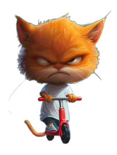 character design, angry ginger cat in a white t-shirt and black shorts riding a red scooter in the style of [Tiago Hoisel](https://goo.gl/search?artist%20Tiago%20Hoisel), caricature-like exaggerated features, concept art for a casual game, mobile style illustration, dark background