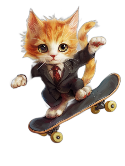 digital art of cute kitten , wear suit and tie, skating on skateboard , black background , minimal style