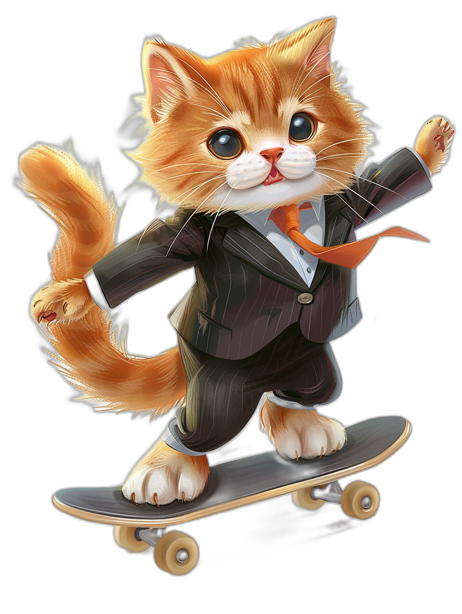 Cute orange cat in a suit riding on a skateboard, in the style of a vector illustration, on a black background, as a cute cartoon design, as digital art with vibrant colors, at a high resolution, of high quality, with high detail, as clipart