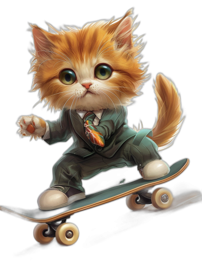 digital art of a cute kitten, wearing a suit and tie, riding on a skateboard against a black background, with a color combination.