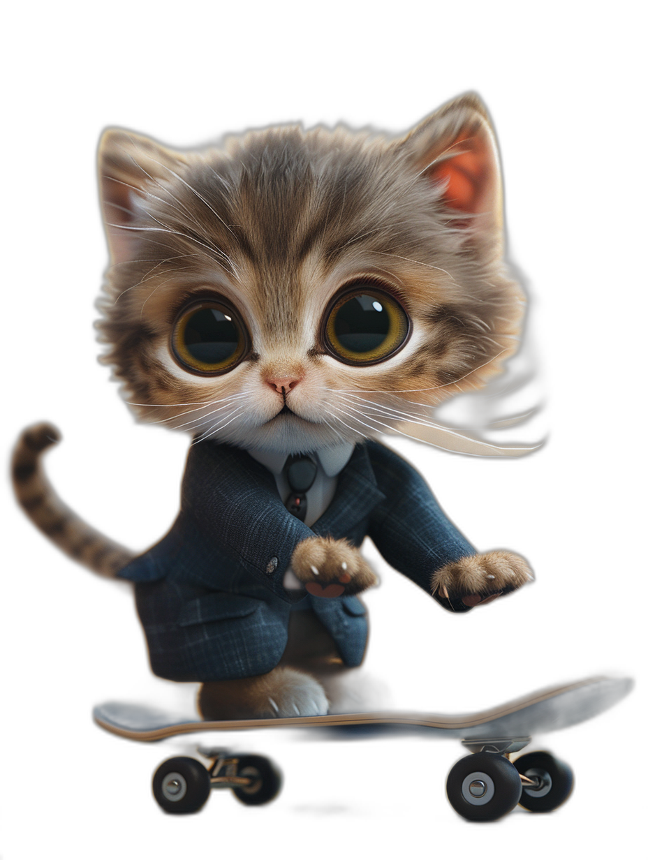 Cute kitten wearing a suit, riding on a skateboard, against a black background, in the cartoon style, with big eyes and a cute expression, rendered in 3D, illustrated in 2D, with a high resolution.