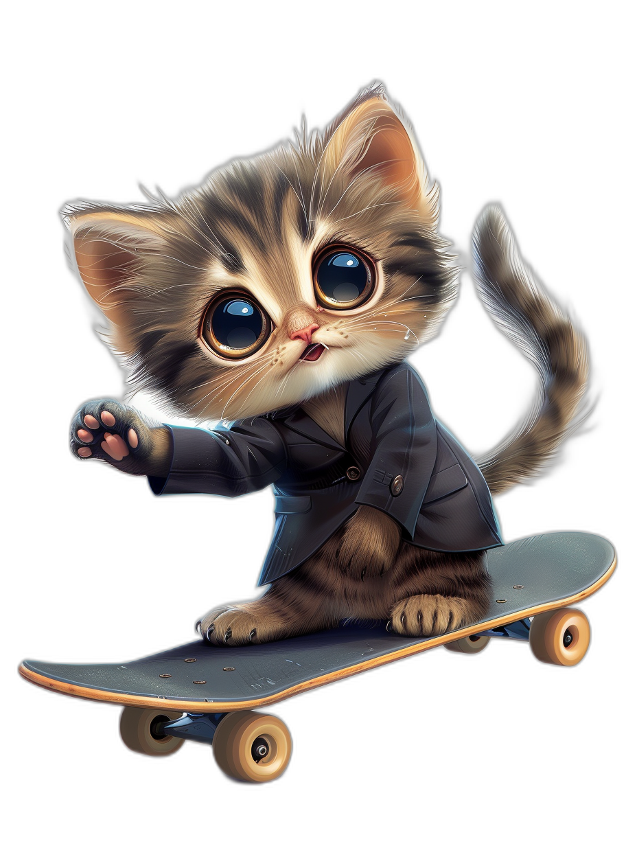 Cute fluffy kitten in suit riding on skateboard, big cute eyes and paws, vector illustration, black background, sticker style, pixar character, 2D game art, high resolution, high detail, high quality, high sharpness, high clarity, octane render, hyper realistic, hyper detailed, hyper colorised, volumetric lighting,