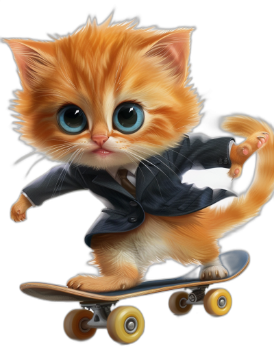 digital art of cute kitten , wear suit, riding on skateboard , black background, big blue eyes and light orange hair