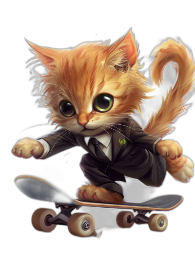 Cute orange cat in a suit, riding on a skateboard, in the cartoon style, on a black background, digital art in the style of [WLOP](https://goo.gl/search?artist%20WLOP) and rossdraws, with green eyes, a happy expression, a cool pose, with detailed fur texture, dynamic lighting, high resolution, hyper realistic.