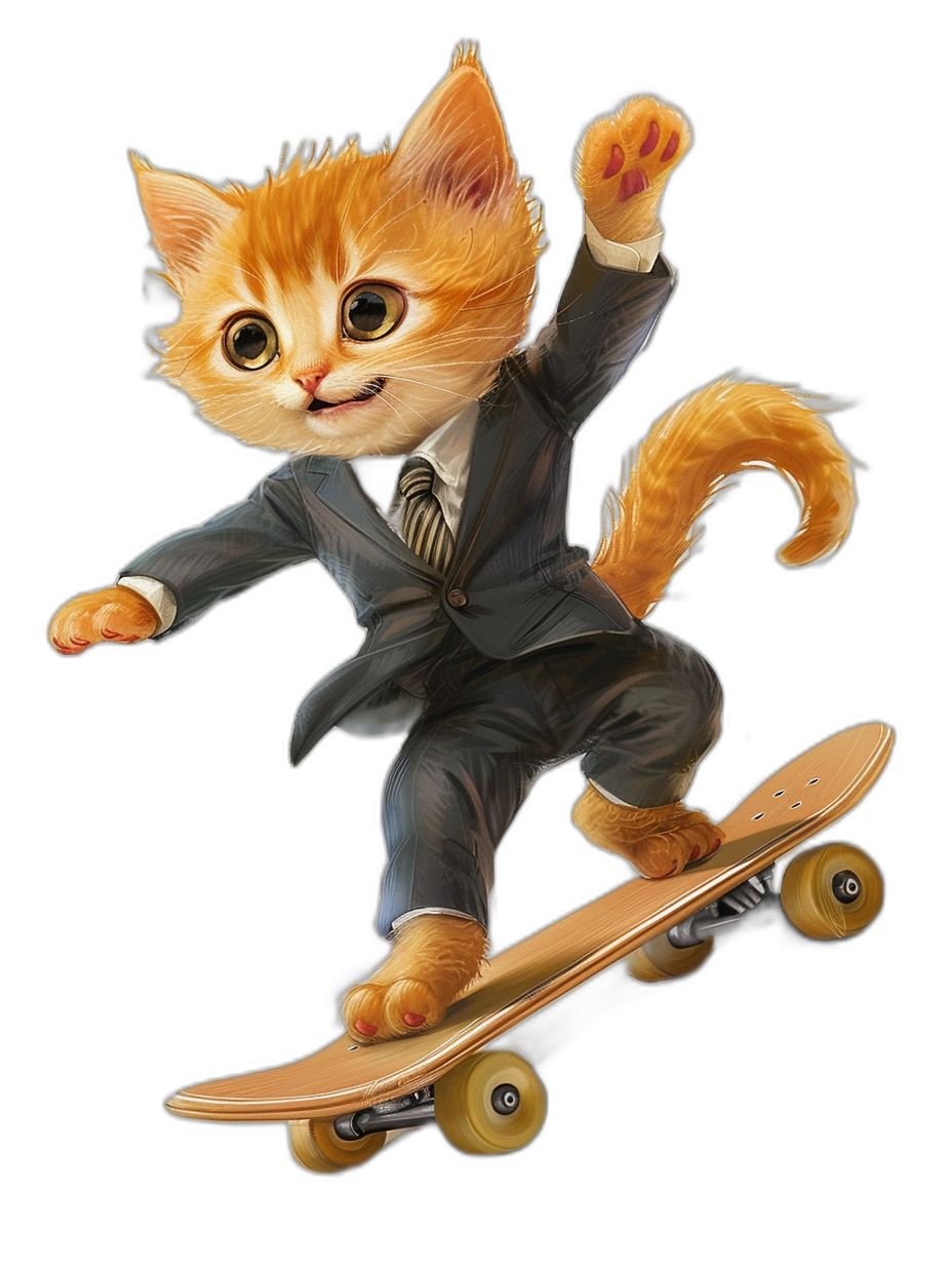 digital art of cute kitten , wear business suit, skating on skateboard , black background, big eyes, lovely expression , full body shot, Pixar style