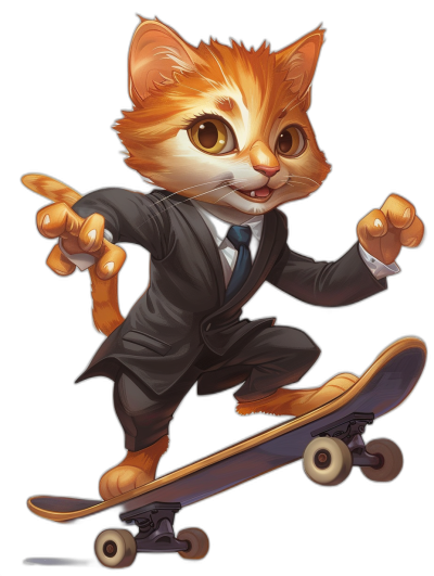 A cute orange cat in a suit is riding on a skateboard in the cartoon style against a black background in the concept art style of [Akihiko Yoshida](https://goo.gl/search?artist%20Akihiko%20Yoshida), [Artgerm](https://goo.gl/search?artist%20Artgerm), and [Alphonse Mucha](https://goo.gl/search?artist%20Alphonse%20Mucha).