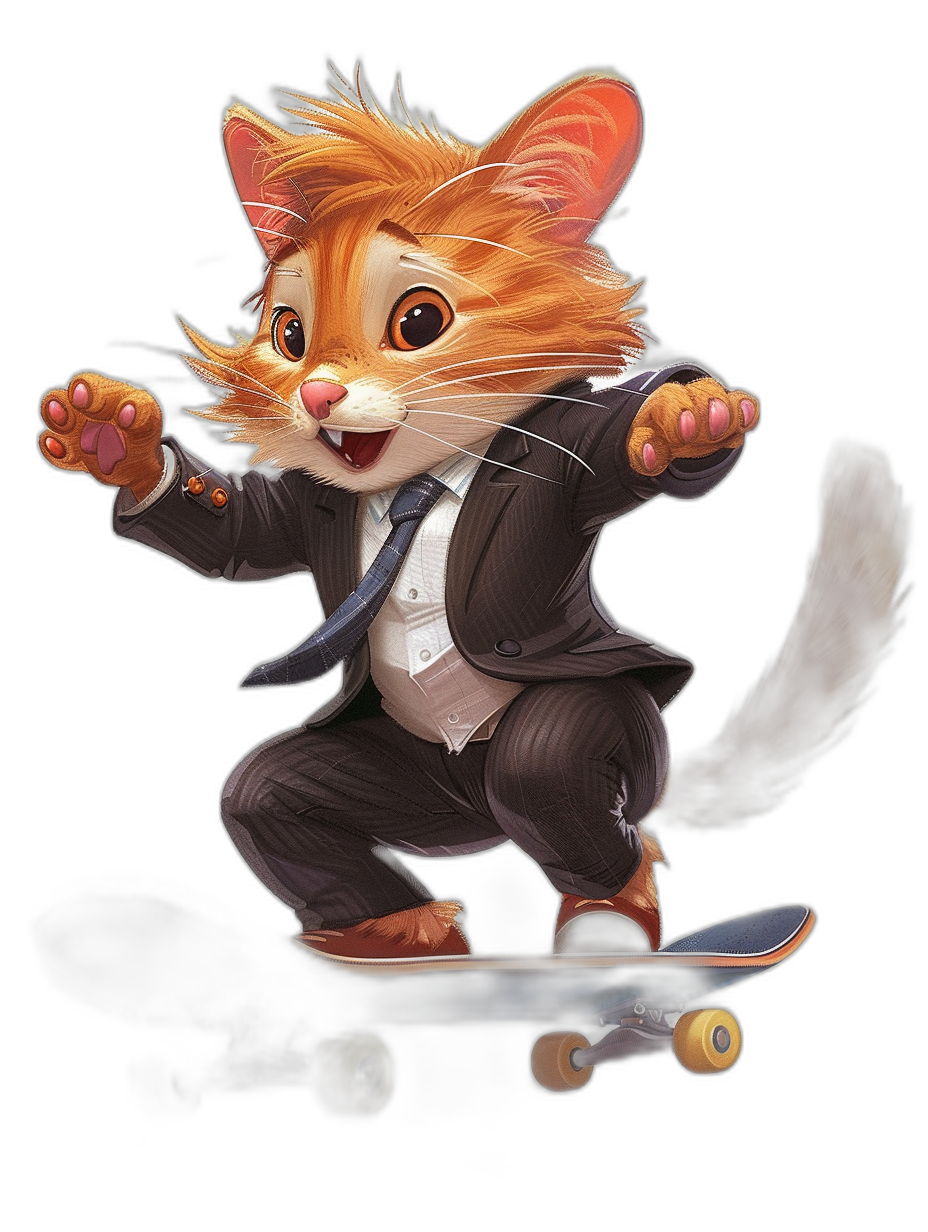 Character design of an orange cat in a suit and tie, riding on a skateboard in the style of Pixar, on a black background, concept art in the style of cgsociety and characterdesigning, zootopia.