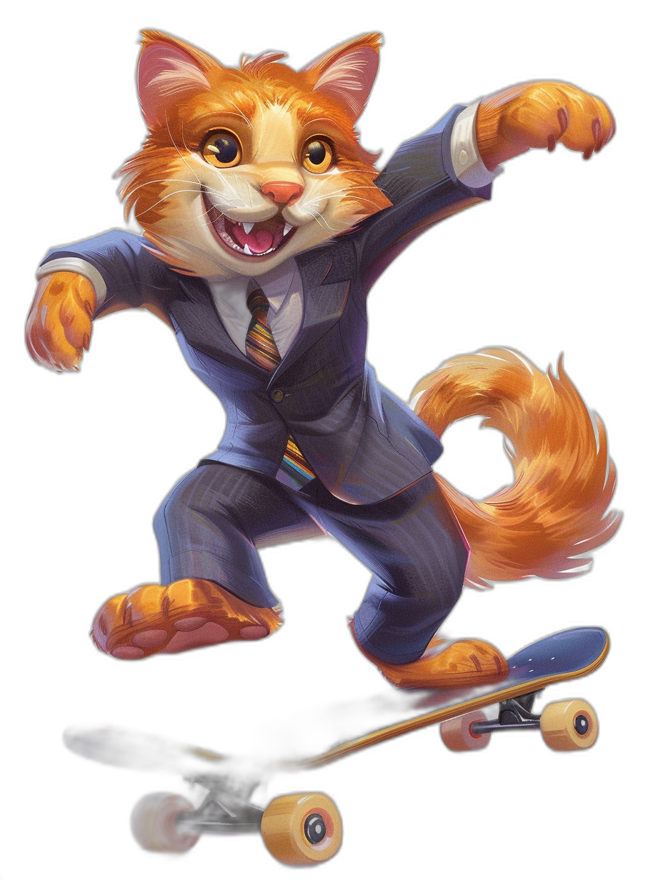 A happy smiling orange cat in a business suit and tie is skateboarding in the style of a cartoon style children’s book illustration with a full body view against a black background. The high resolution digital artwork features bright colors and detailed rendering of the character’s features with professional studio lighting to create a vibrant and playful atmosphere. The artwork is ultra-realistic and high-resolution.
