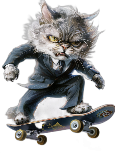 realistic digital illustration of an angry cat in suit, riding on skateboard, black background, cool and edgy