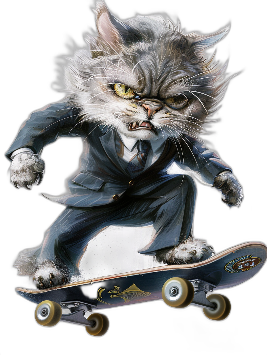 realistic digital illustration of an angry cat in suit, riding on skateboard, black background, cool and edgy