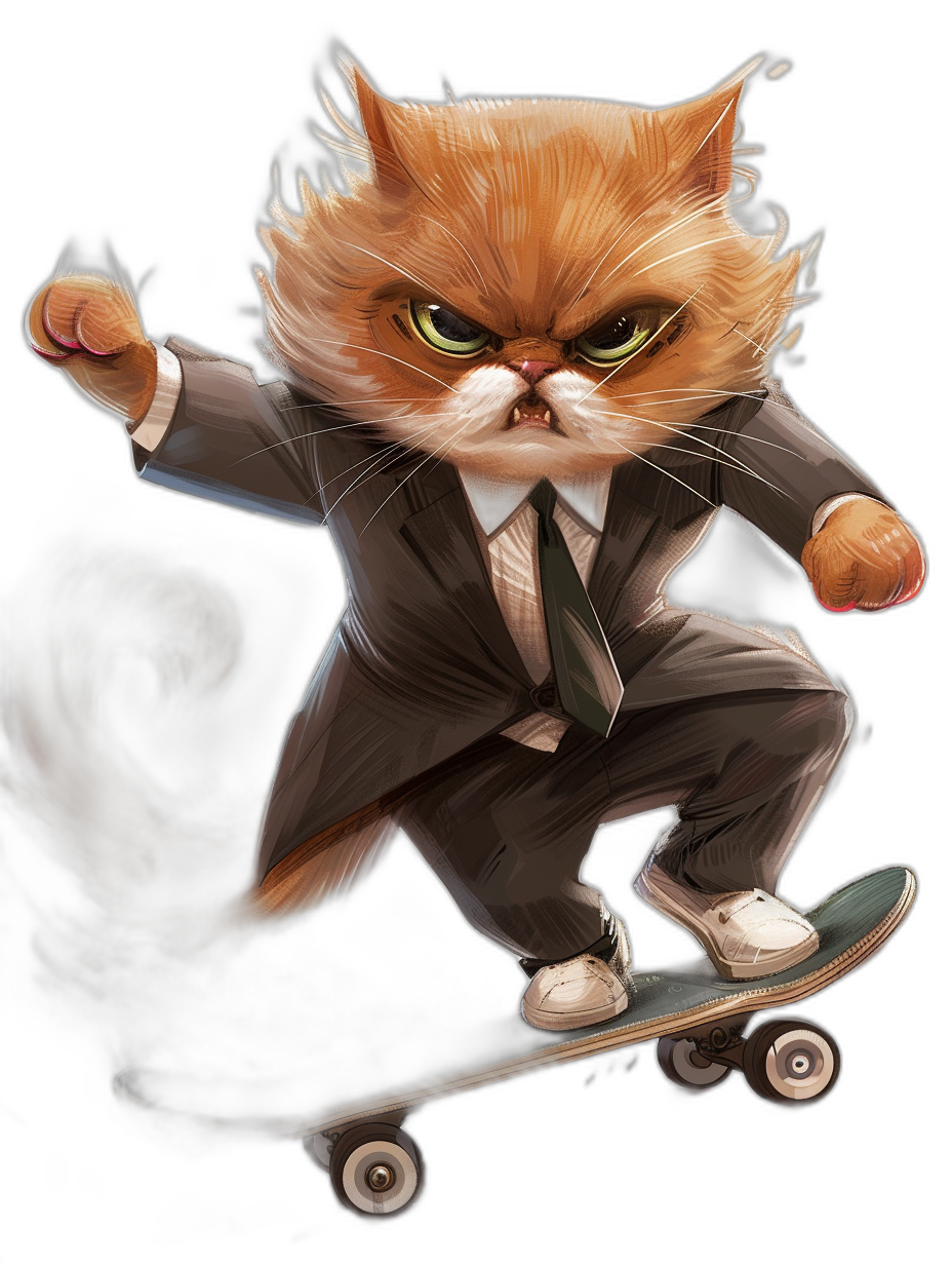 grumpy ginger cat in suit and tie riding skateboard, in the style of Kienan Lafferty, cartoon style, black background, digital art, concept art for game