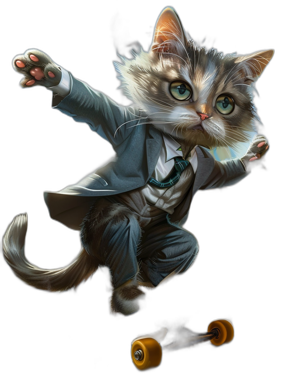 A cute cat in suit is riding on the skateboard, cartoon style, black background, detailed, cute, adorable, concept art by [Greg Rutkowski](https://goo.gl/search?artist%20Greg%20Rutkowski) and [Studio Ghibli](https://goo.gl/search?artist%20Studio%20Ghibli), digital painting, sharp focus, illustration, high resolution, super detail, octane render, HDR