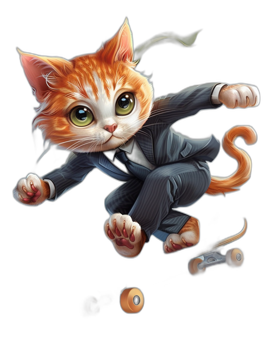 Cute cat in a suit, flying on a skateboard, in the style of a cartoon, black background, big eyes, cute face, happy expression, colorful fur, detailed hair and  texture, high resolution, professional illustration, full body portrait.