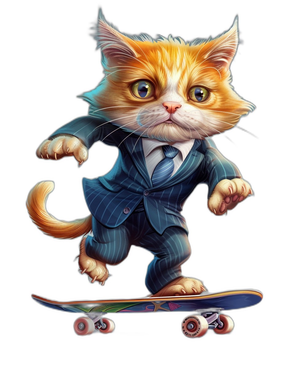 Cute cartoon cat in suit riding on skateboard, black background, detailed character illustrations, t-shirt design by Disney and Pixar, 2d game art, high resolution, high detail, sharp focus