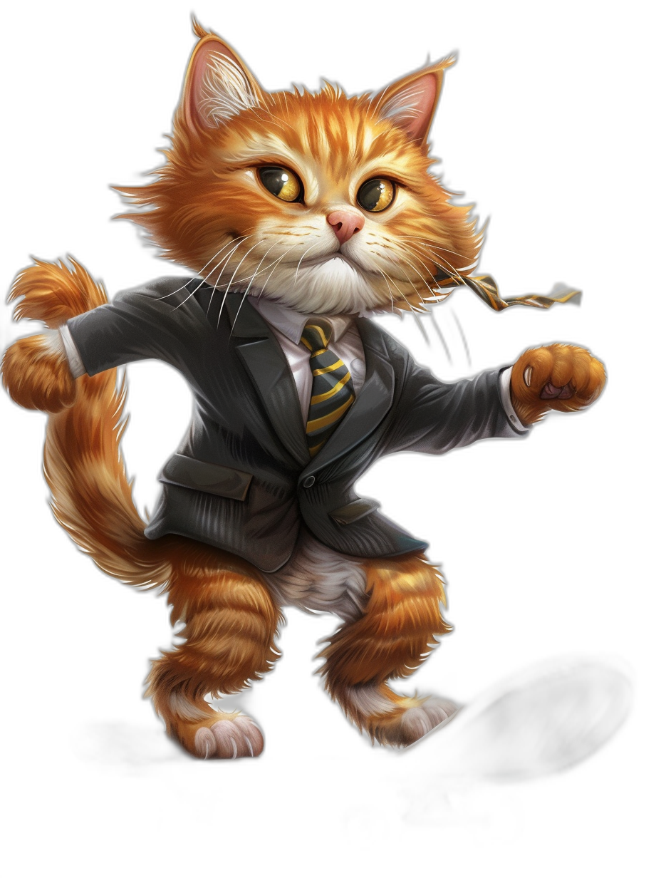 A ginger cat wearing a suit and tie, jumping with joy in the style of a cartoon character, on a black background, digital art in the style of [Artgerm](https://goo.gl/search?artist%20Artgerm), [WLOP](https://goo.gl/search?artist%20WLOP), and [Skottie Young](https://goo.gl/search?artist%20Skottie%20Young), 2D game concept art, smooth skin, cartoony.