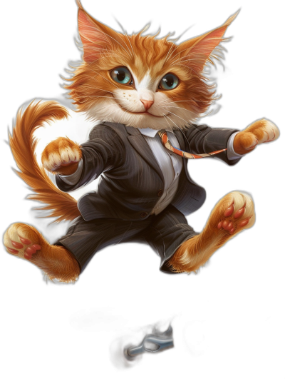 smiling cute ginger cat in suit, flying kick pose, black background, digital art by [Kawacy](https://goo.gl/search?artist%20Kawacy) and [Greg Rutkowski](https://goo.gl/search?artist%20Greg%20Rutkowski), cute detailed artwork, high resolution, perfect for clipart or avatar on social media profile pictures, vibrant colors, dynamic poses, and playful expressions, capturing the essence of playfulness and strength in its action pose.